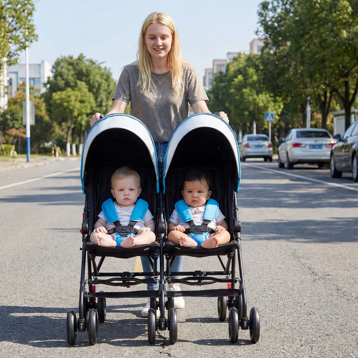 Navy Foldable Twin Baby Double Umbrella Stroller - Ultralight & Compact