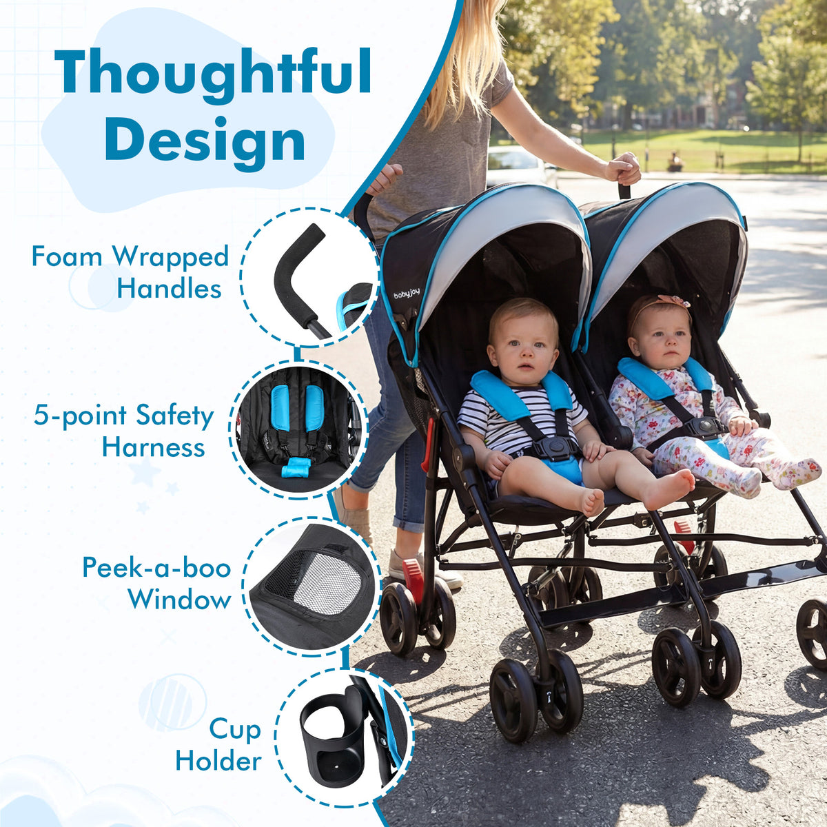 Navy Foldable Twin Baby Double Umbrella Stroller - Ultralight & Compact