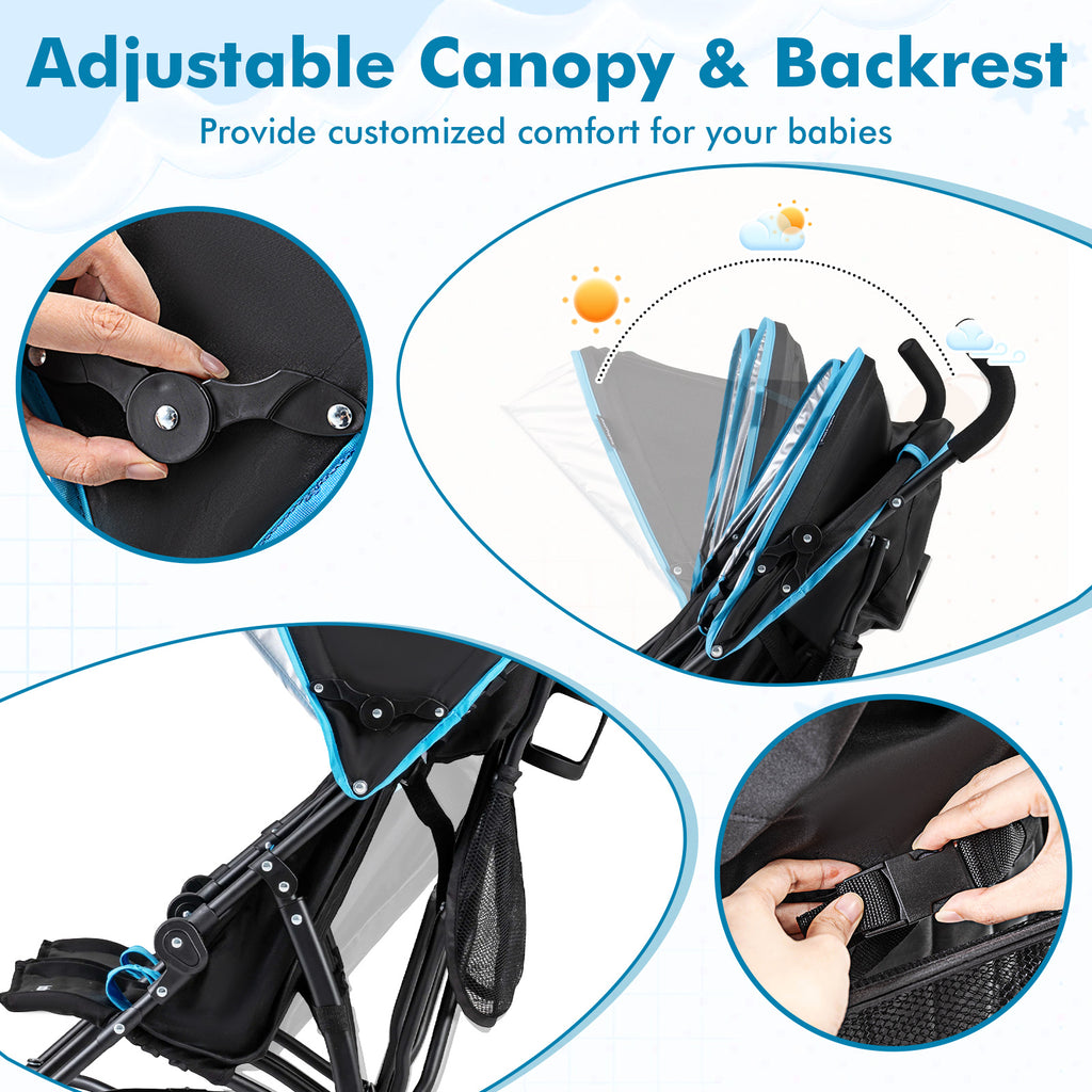 Navy Foldable Twin Baby Double Umbrella Stroller - Ultralight & Compact