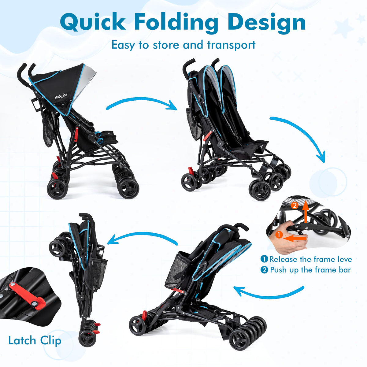 Navy Foldable Twin Baby Double Umbrella Stroller - Ultralight & Compact