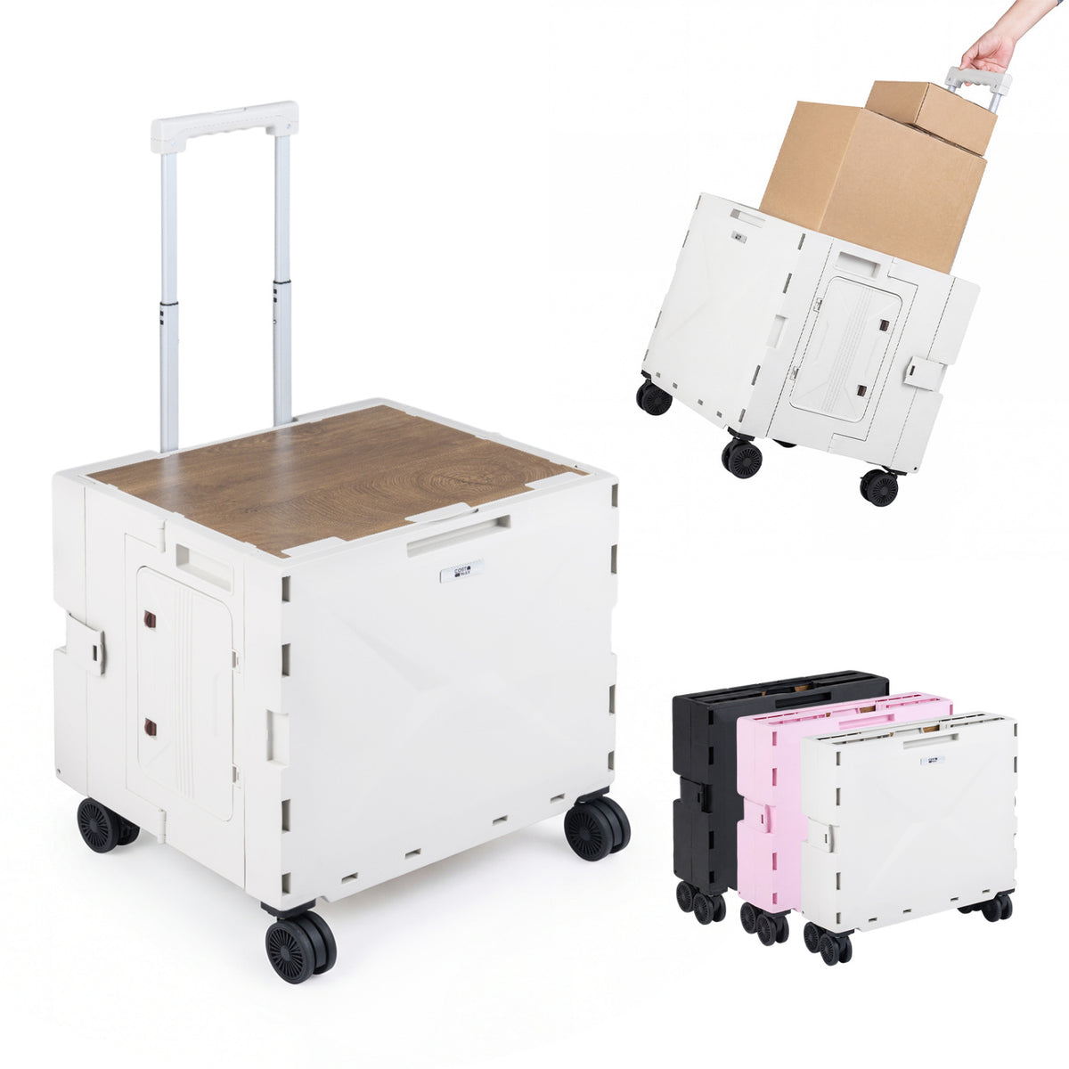 Foldable Utility Cart with 4 Rotating Wheels & Cup Holder - White Tabletop