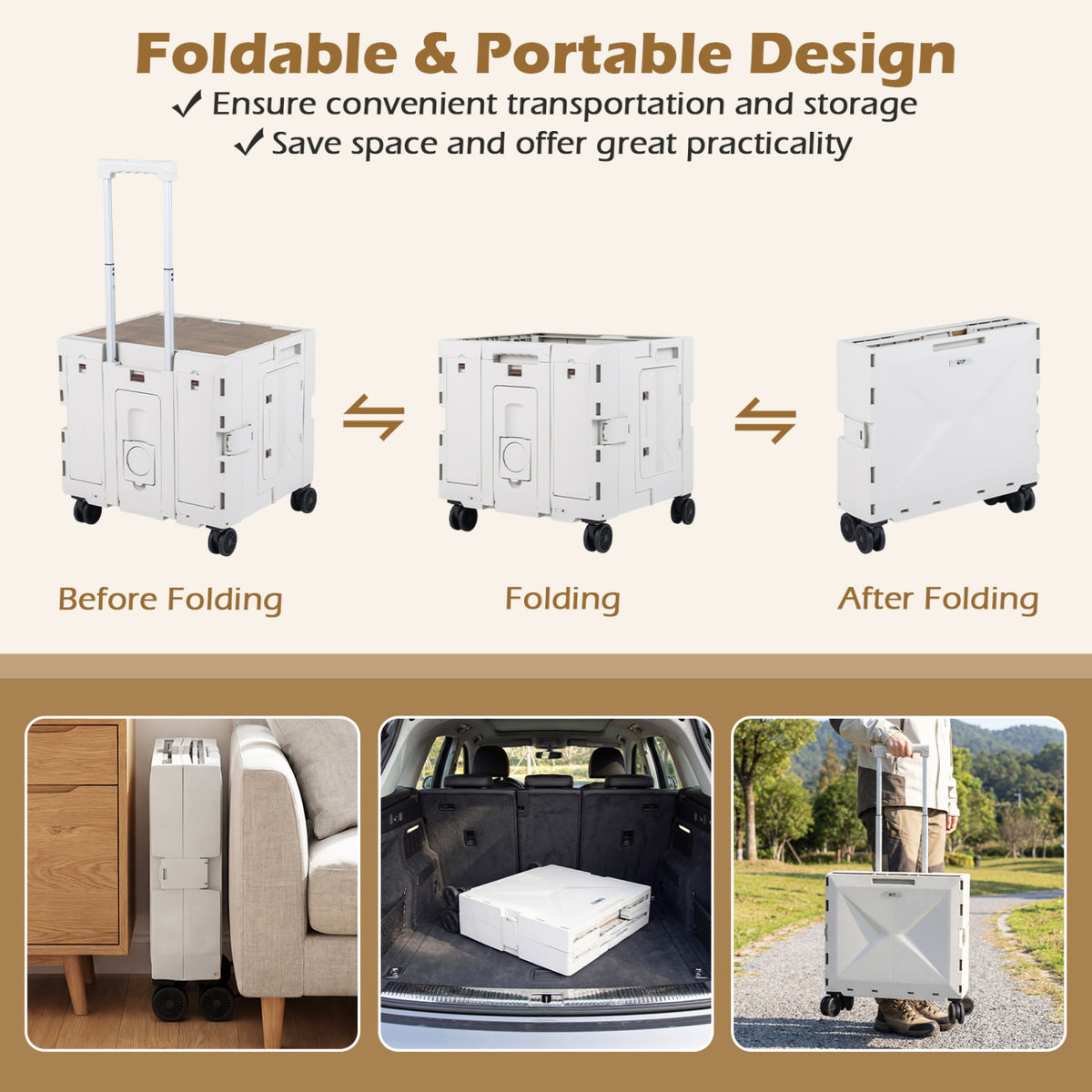 Foldable Utility Cart with 4 Rotating Wheels & Cup Holder - White Tabletop