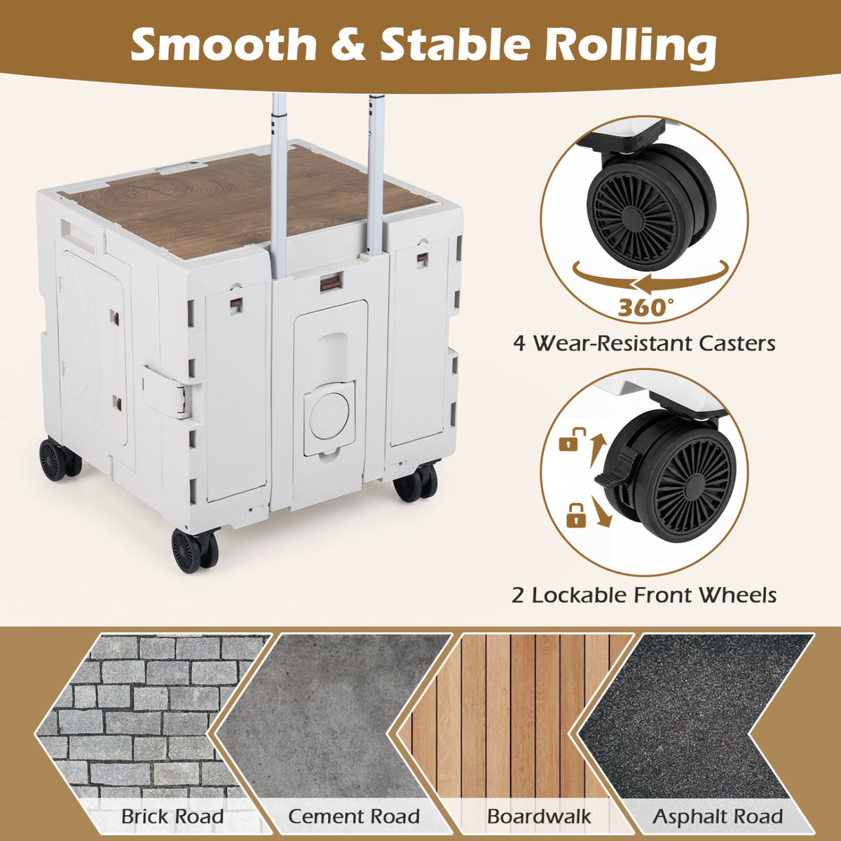 Foldable Utility Cart with 4 Rotating Wheels & Cup Holder - White Tabletop