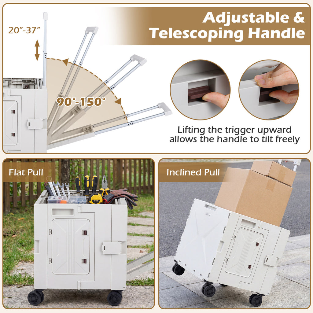 Foldable Utility Cart with 4 Rotating Wheels & Cup Holder - White Tabletop