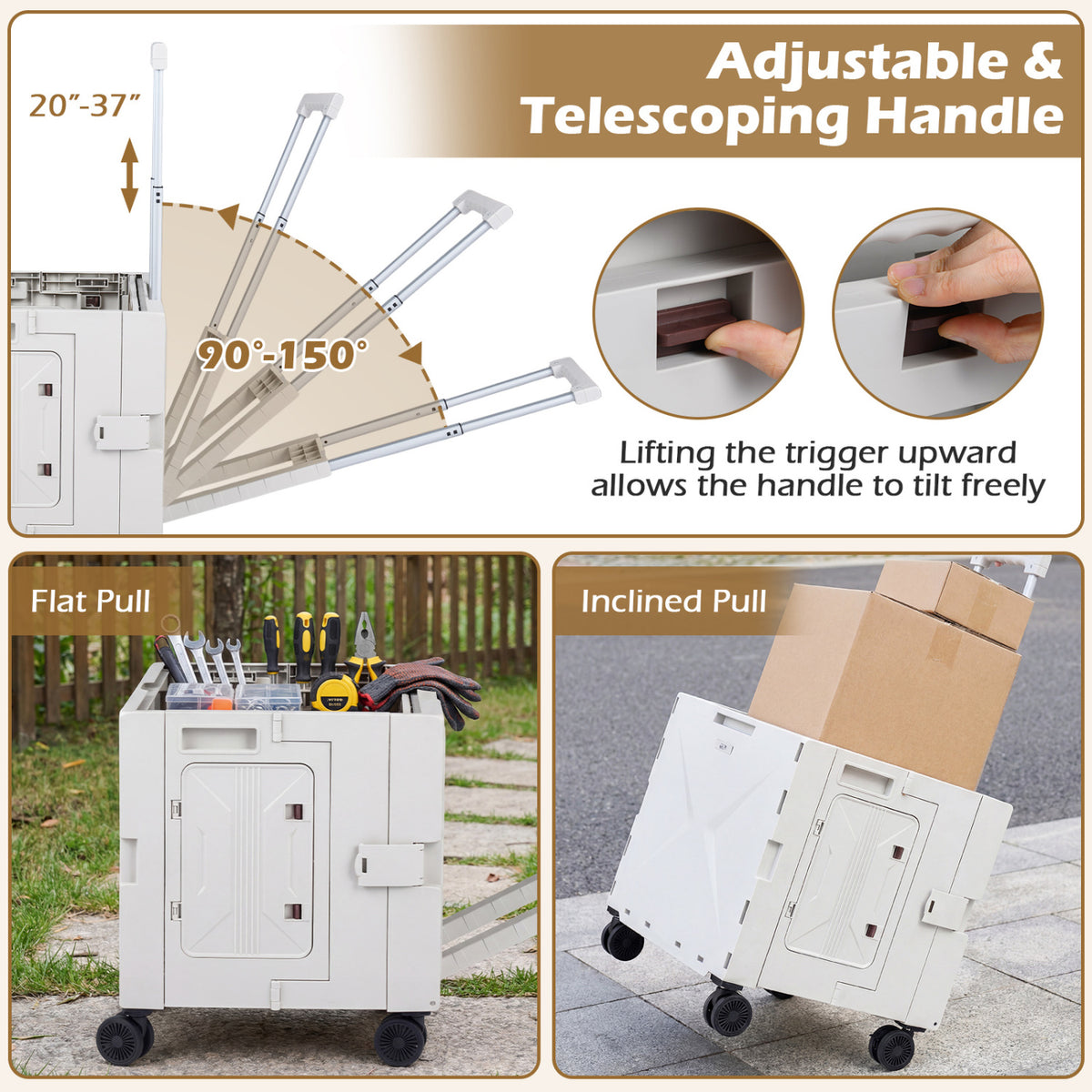Foldable Utility Cart with 4 Rotating Wheels & Cup Holder - White Tabletop