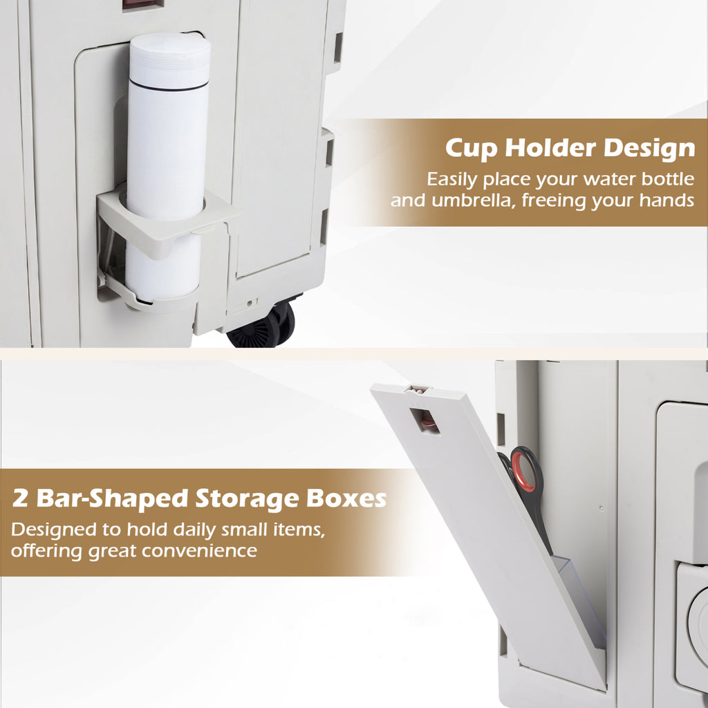 Foldable Utility Cart with 4 Rotating Wheels & Cup Holder - White Tabletop