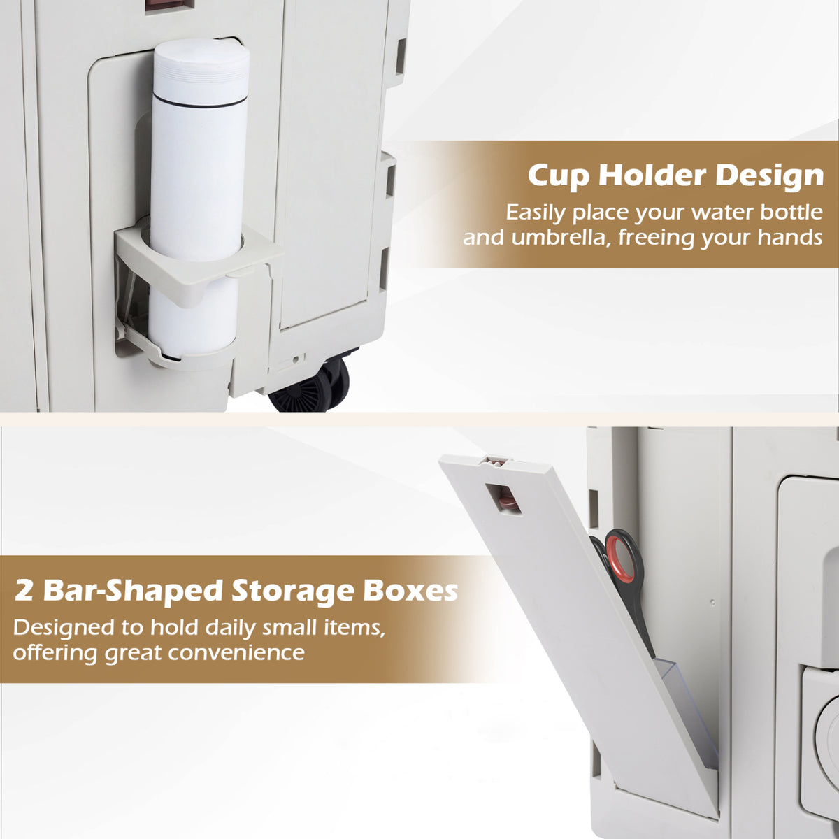 Foldable Utility Cart with 4 Rotating Wheels & Cup Holder - White Tabletop