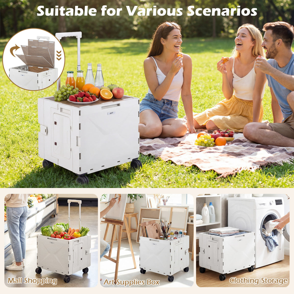 Foldable Utility Cart with 4 Rotating Wheels & Cup Holder - White Tabletop