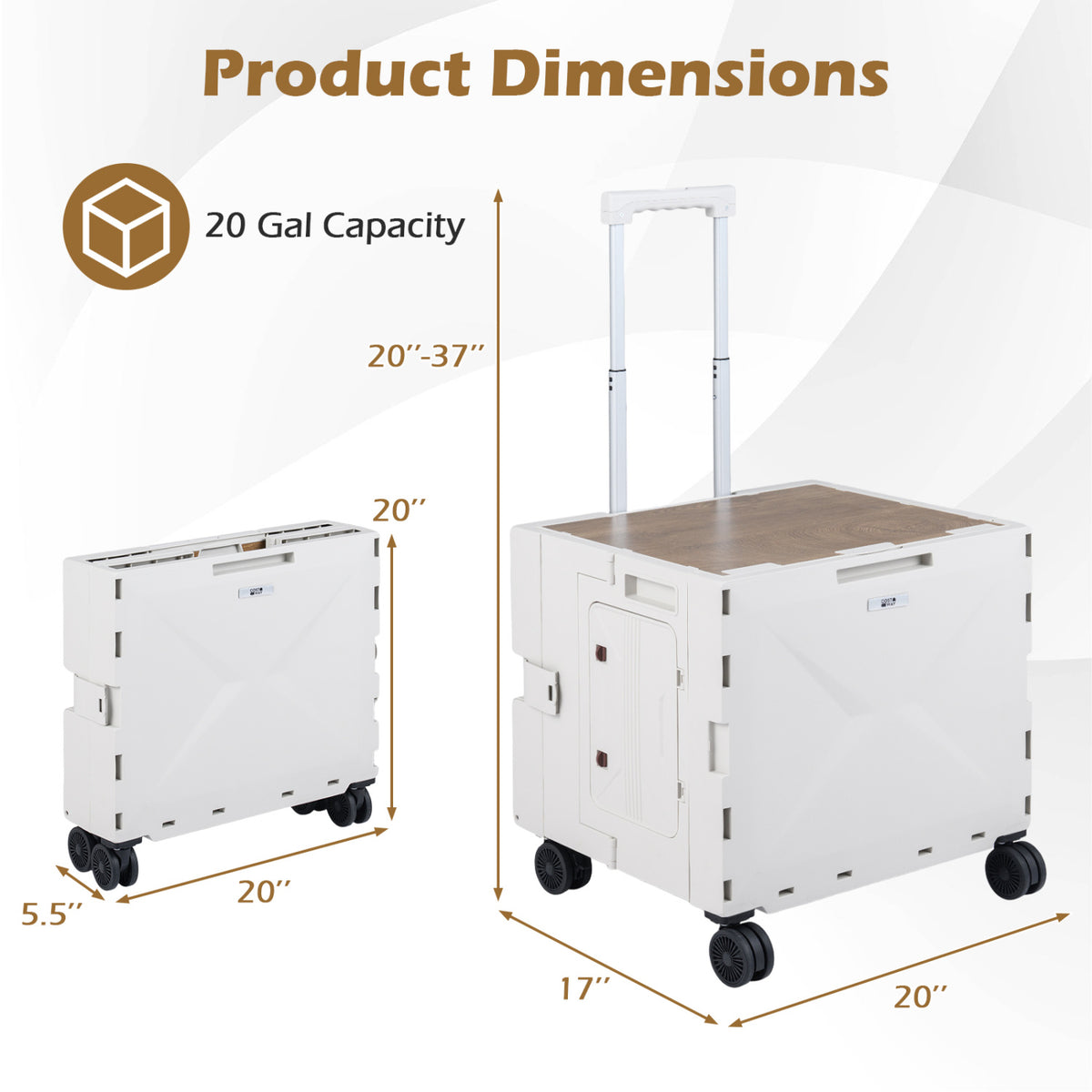 Foldable Utility Cart with 4 Rotating Wheels & Cup Holder - White Tabletop