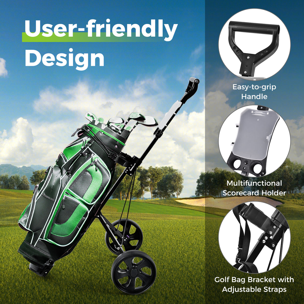 Foldable 2-Wheel Golf Trolley with Scoreboard and Removable Wheels