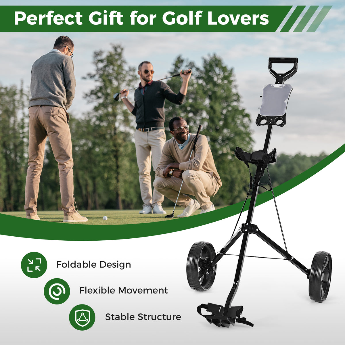 Foldable 2-Wheel Golf Trolley with Scoreboard and Removable Wheels