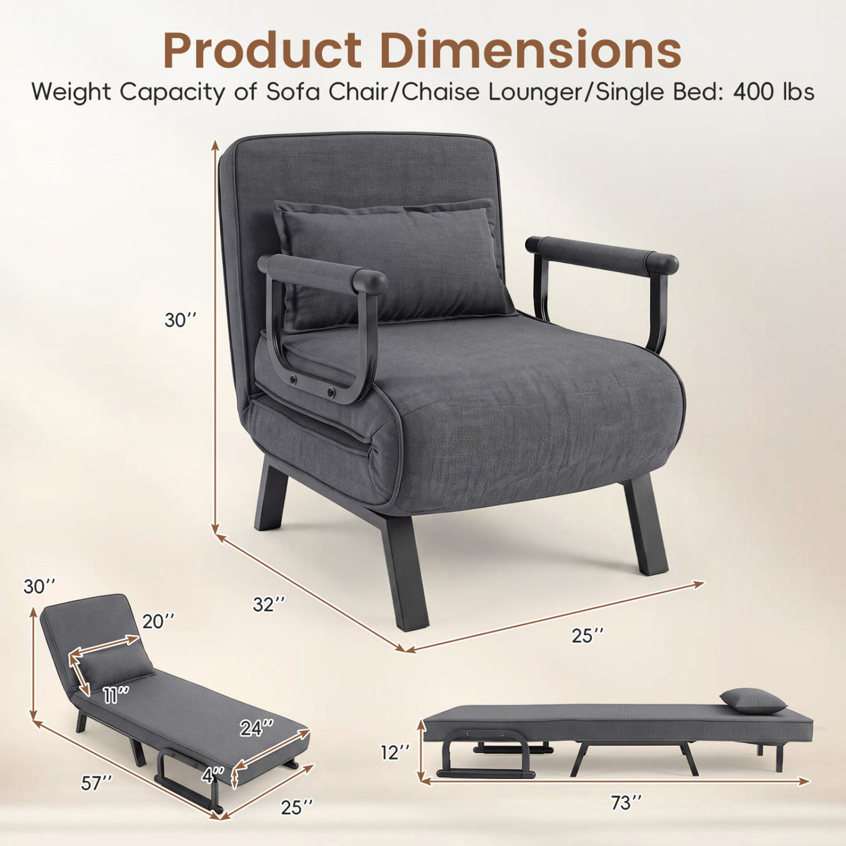 6-Position Convertible Sleeper Chair - Linen Fabric, Gray