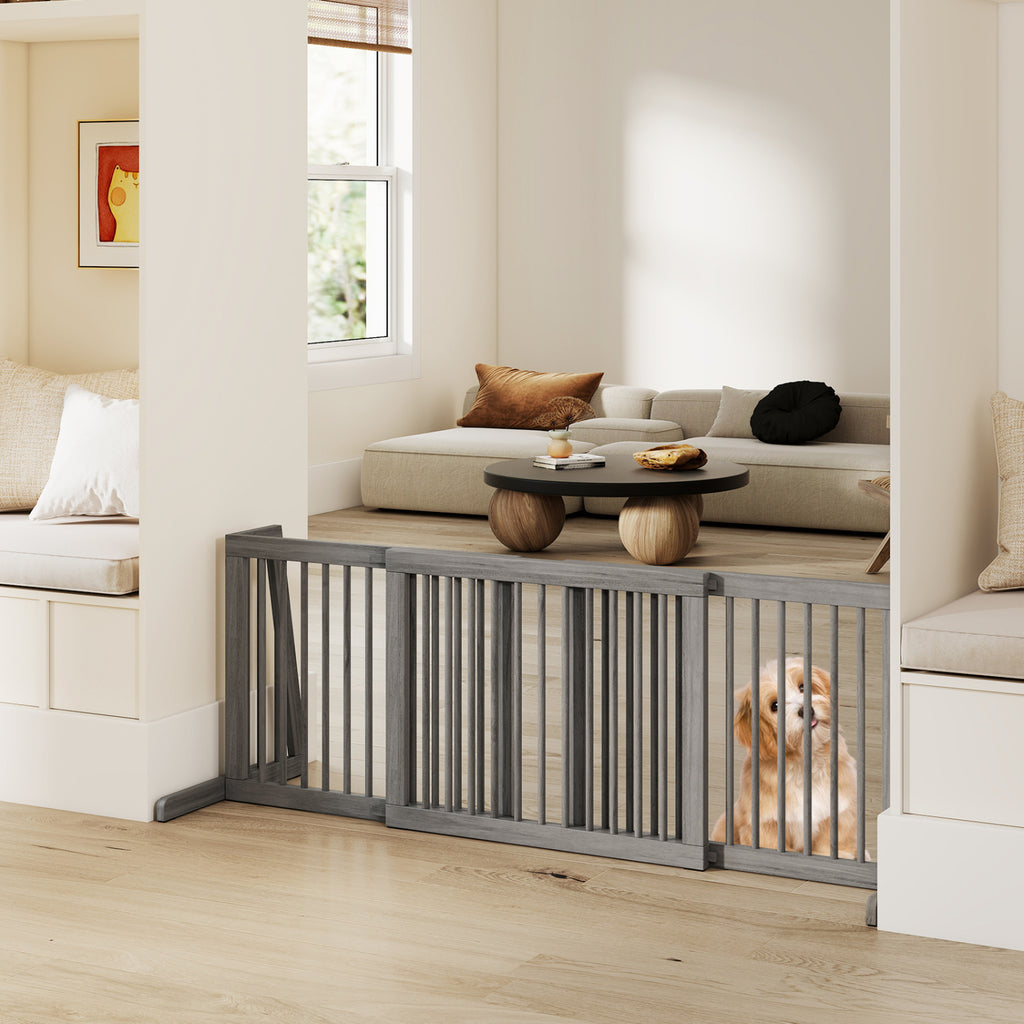 Adjustable Wooden Dog Fence Panel - 28 to 80 Inches, Gray, Folding & Free Standing