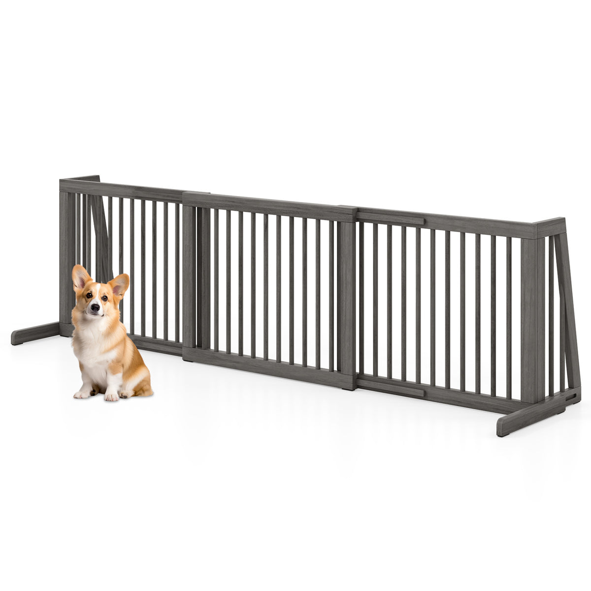Adjustable Wooden Dog Fence Panel - 28 to 80 Inches, Gray, Folding & Free Standing