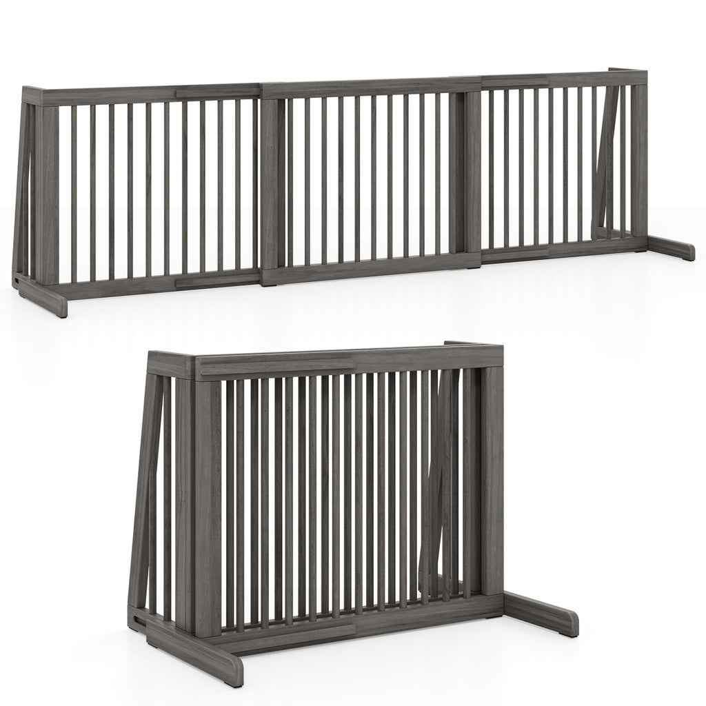 Adjustable Wooden Dog Fence Panel - 28 to 80 Inches, Gray, Folding & Free Standing