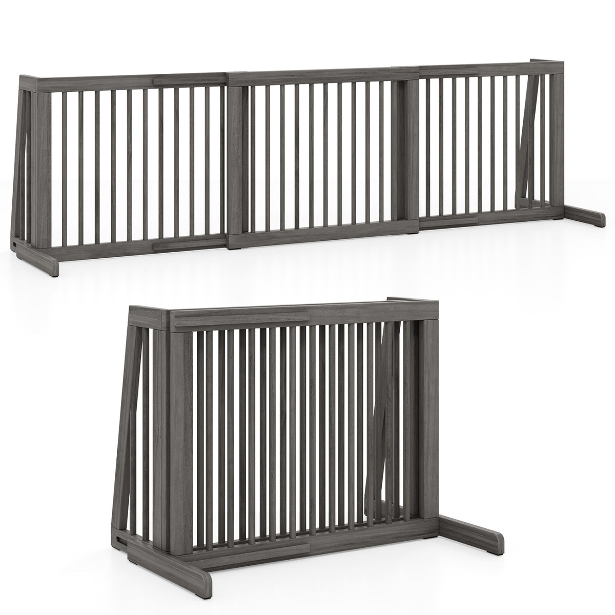 Adjustable Wooden Dog Fence Panel - 28 to 80 Inches, Gray, Folding & Free Standing
