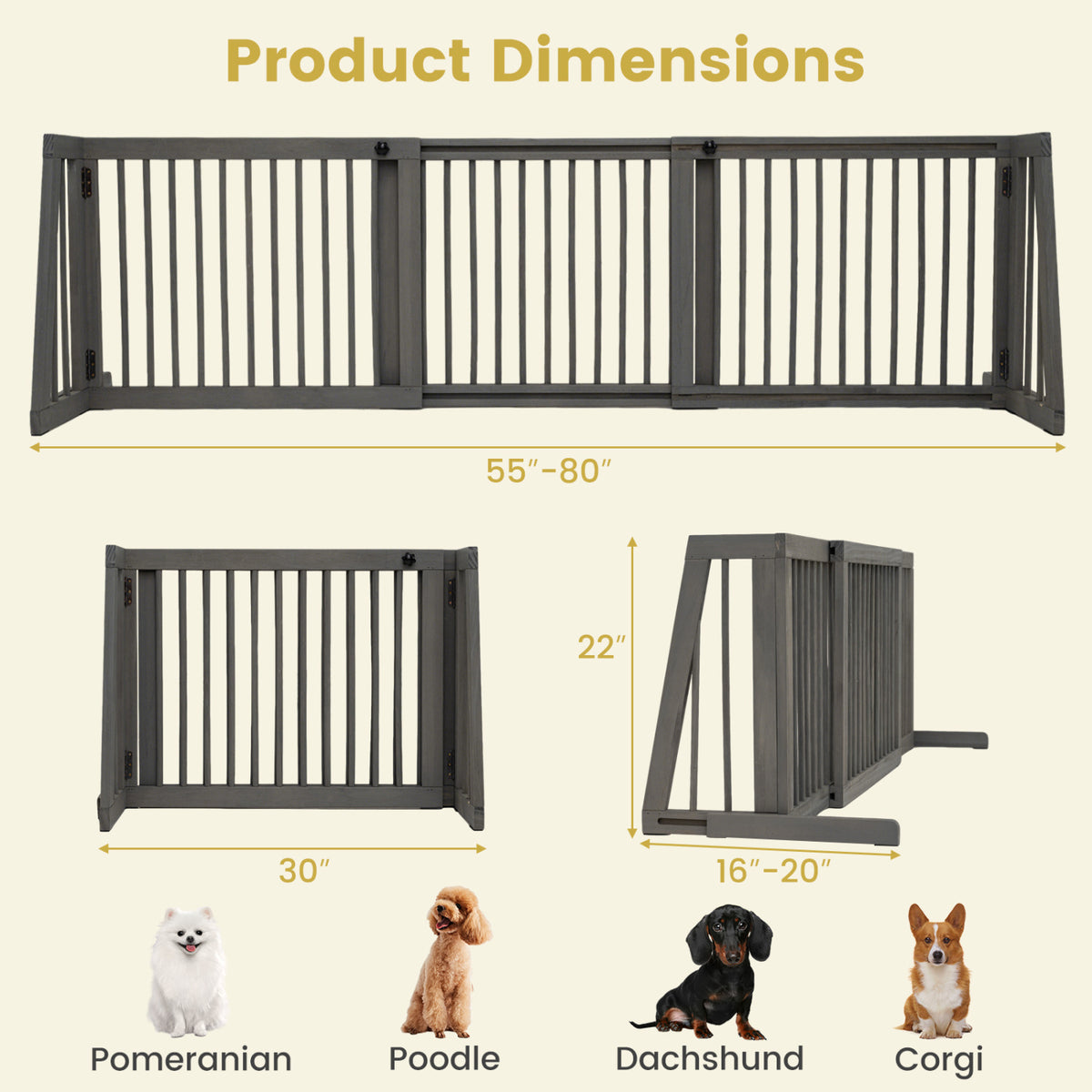 Adjustable Wooden Dog Fence Panel - 28 to 80 Inches, Gray, Folding & Free Standing