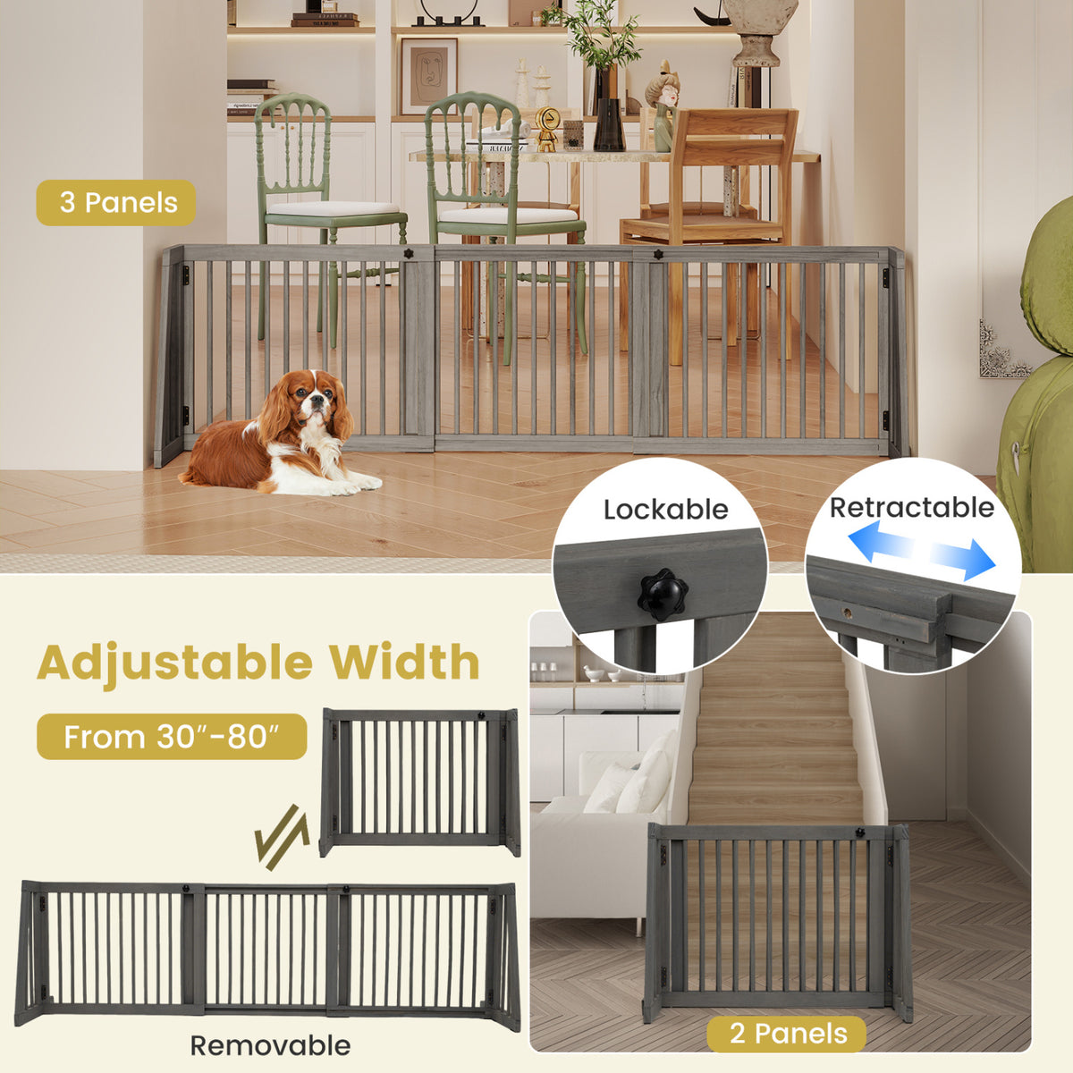 Adjustable Wooden Dog Fence Panel - 28 to 80 Inches, Gray, Folding & Free Standing