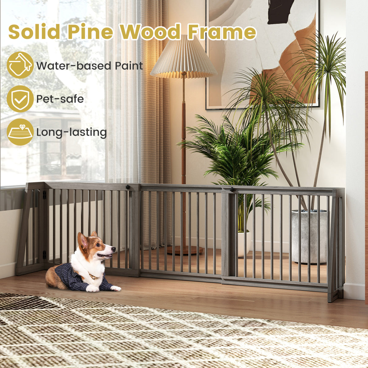 Adjustable Wooden Dog Fence Panel - 28 to 80 Inches, Gray, Folding & Free Standing