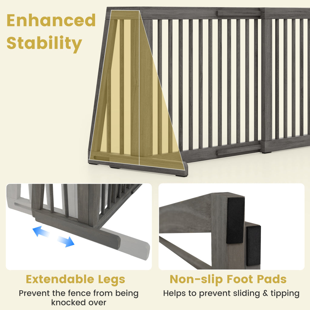 Adjustable Wooden Dog Fence Panel - 28 to 80 Inches, Gray, Folding & Free Standing