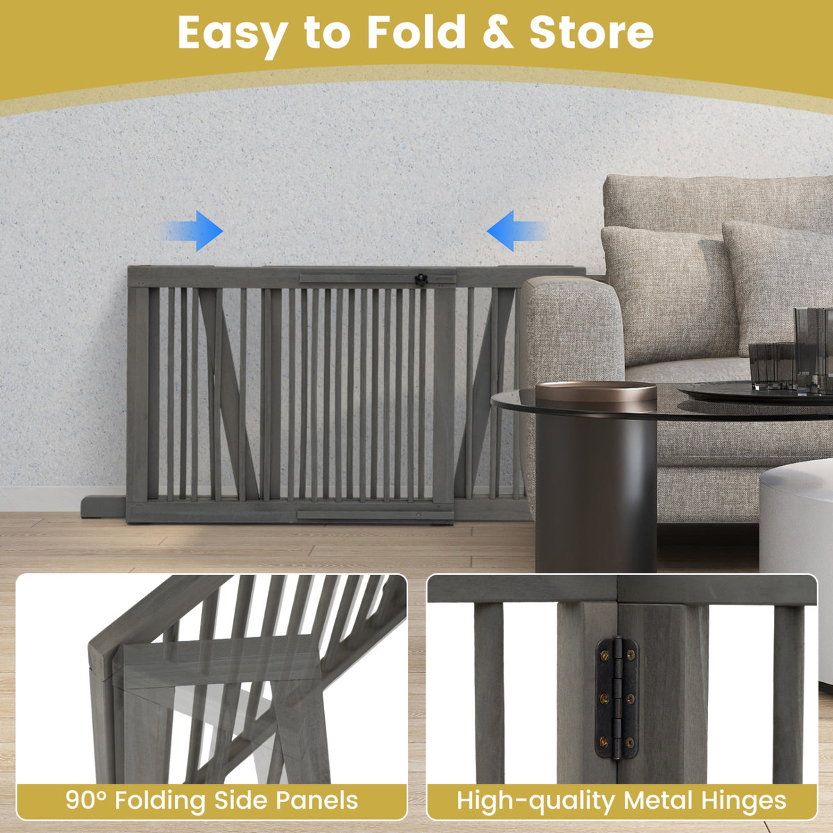 Adjustable Wooden Dog Fence Panel - 28 to 80 Inches, Gray, Folding & Free Standing