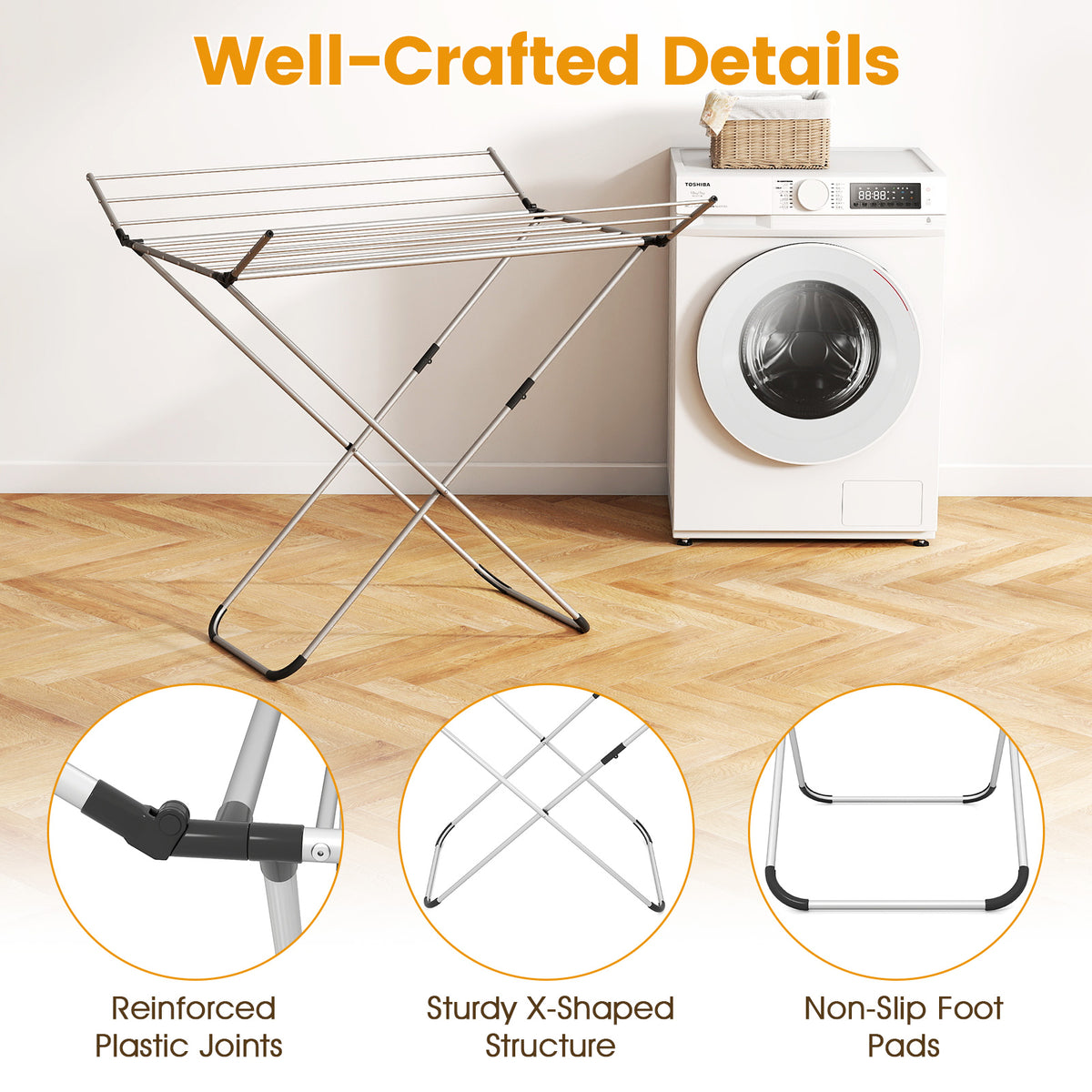Folding Aluminum Clothes Drying Rack - 2 Side Wings