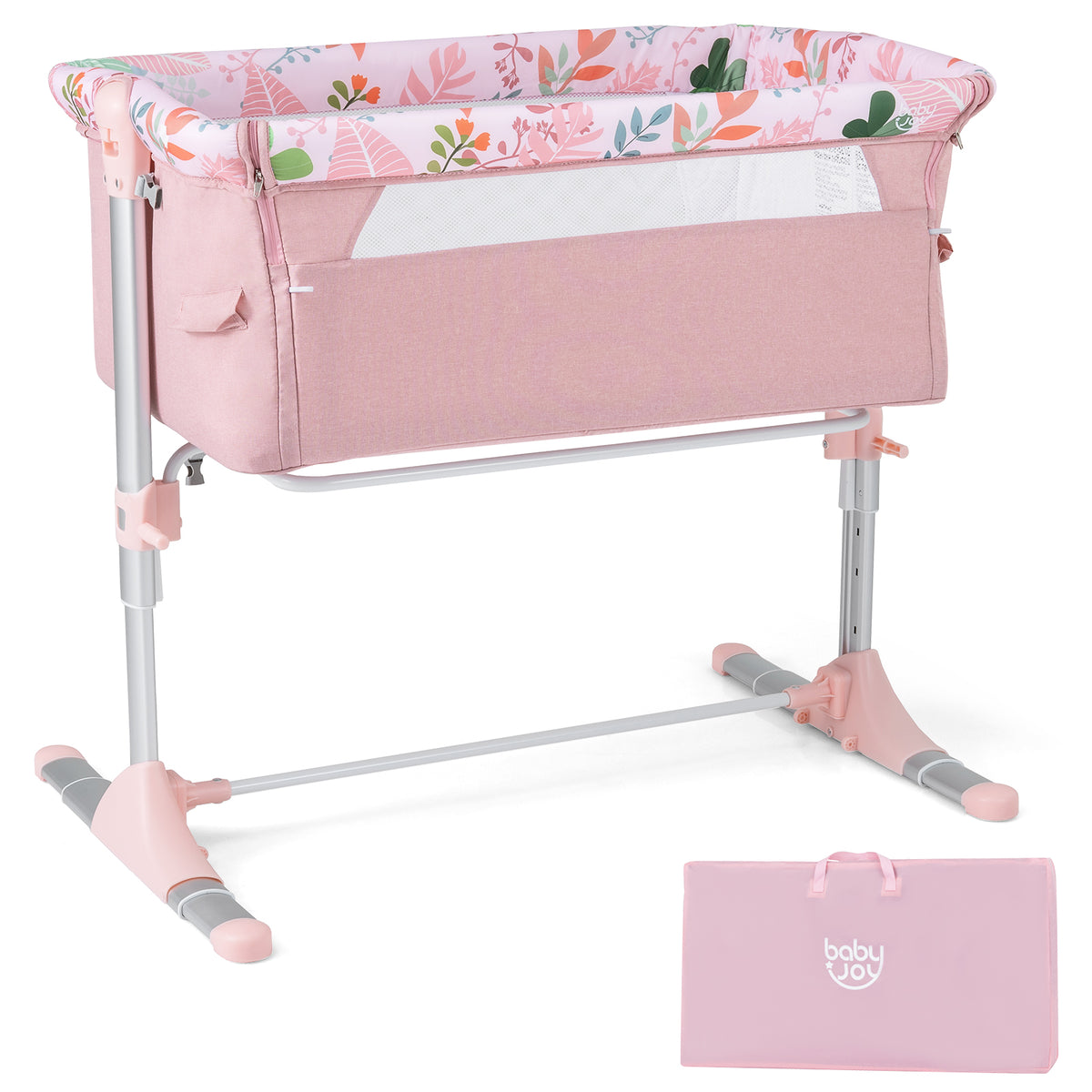 Pink Folding Baby Bassinet Bedside Sleeper with 4 Adjustable Heights - Style B