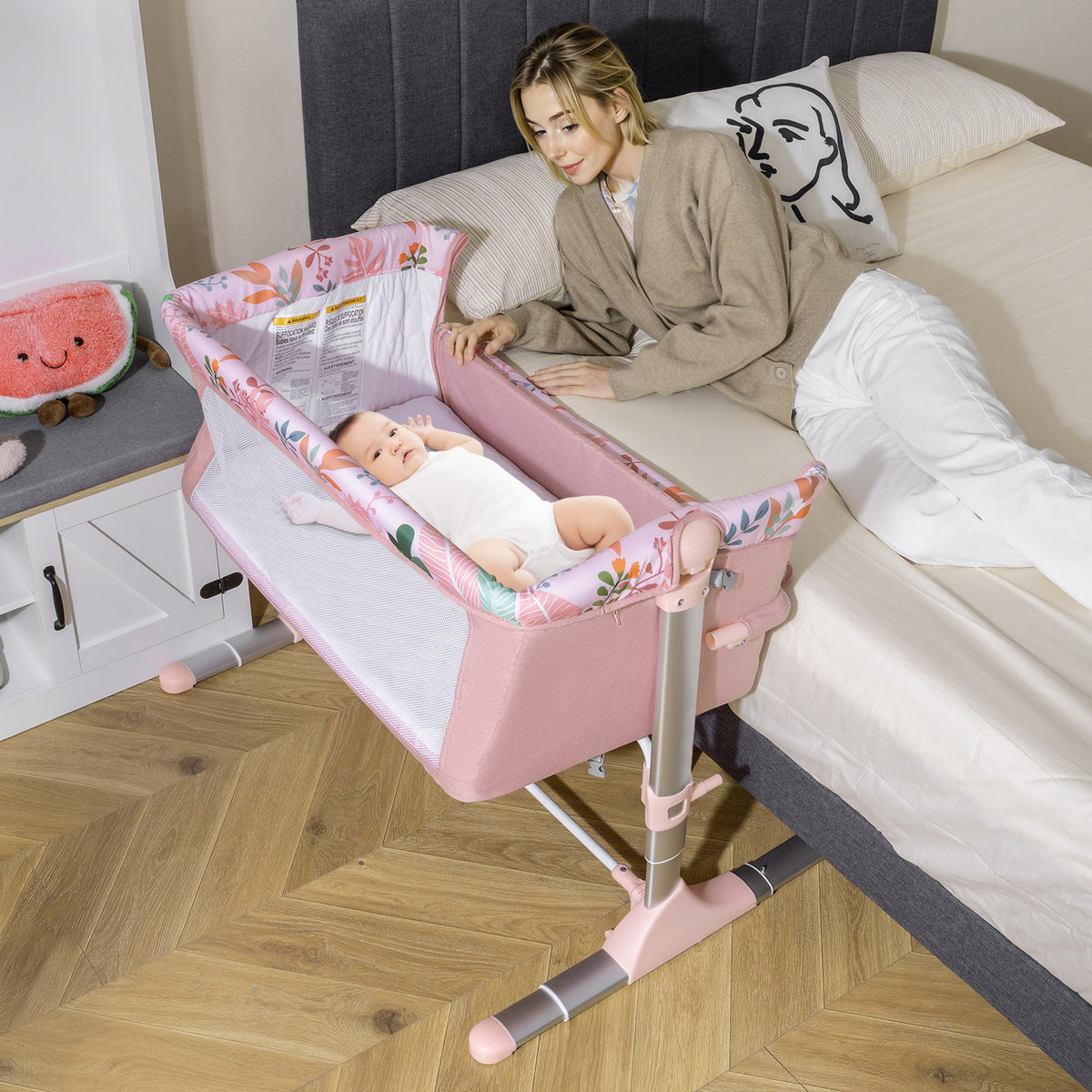 Pink Folding Baby Bassinet Bedside Sleeper with 4 Adjustable Heights - Style B