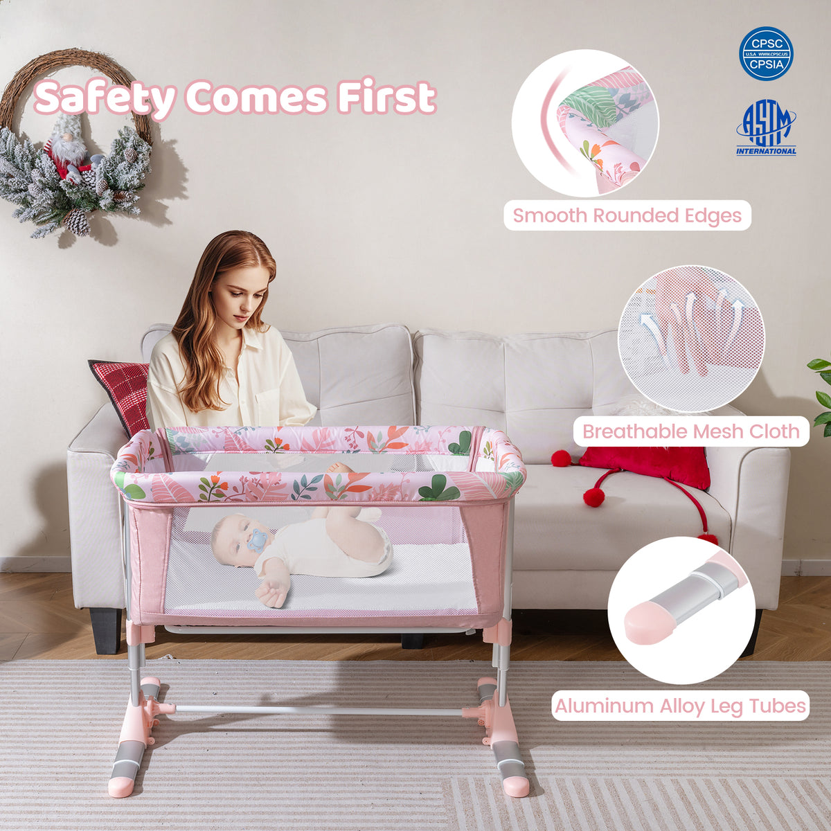 Pink Folding Baby Bassinet Bedside Sleeper with 4 Adjustable Heights - Style B