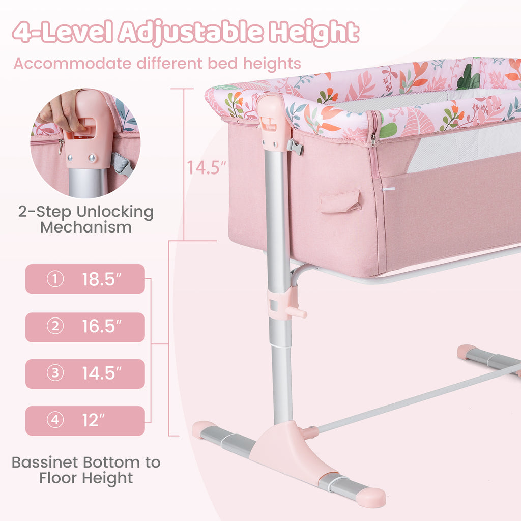 Pink Folding Baby Bassinet Bedside Sleeper with 4 Adjustable Heights - Style B