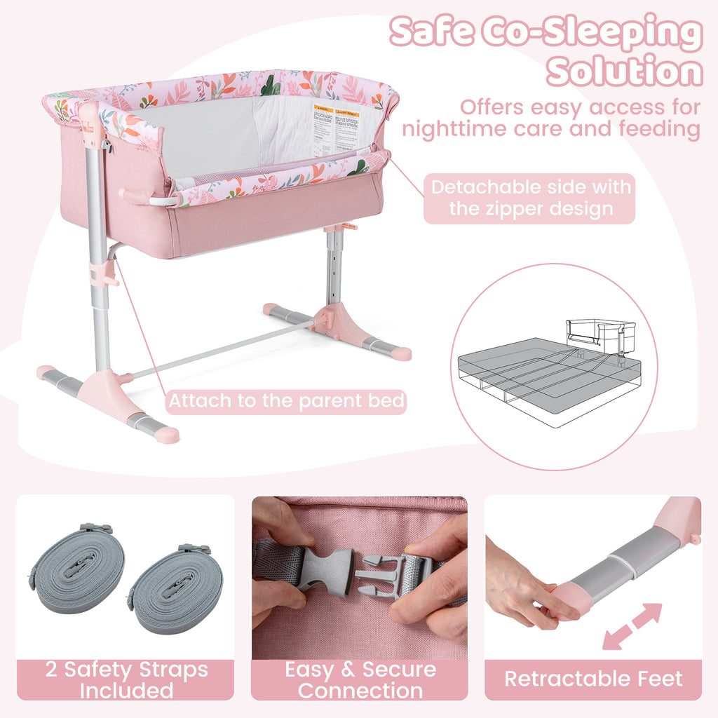 Pink Folding Baby Bassinet Bedside Sleeper with 4 Adjustable Heights - Style B