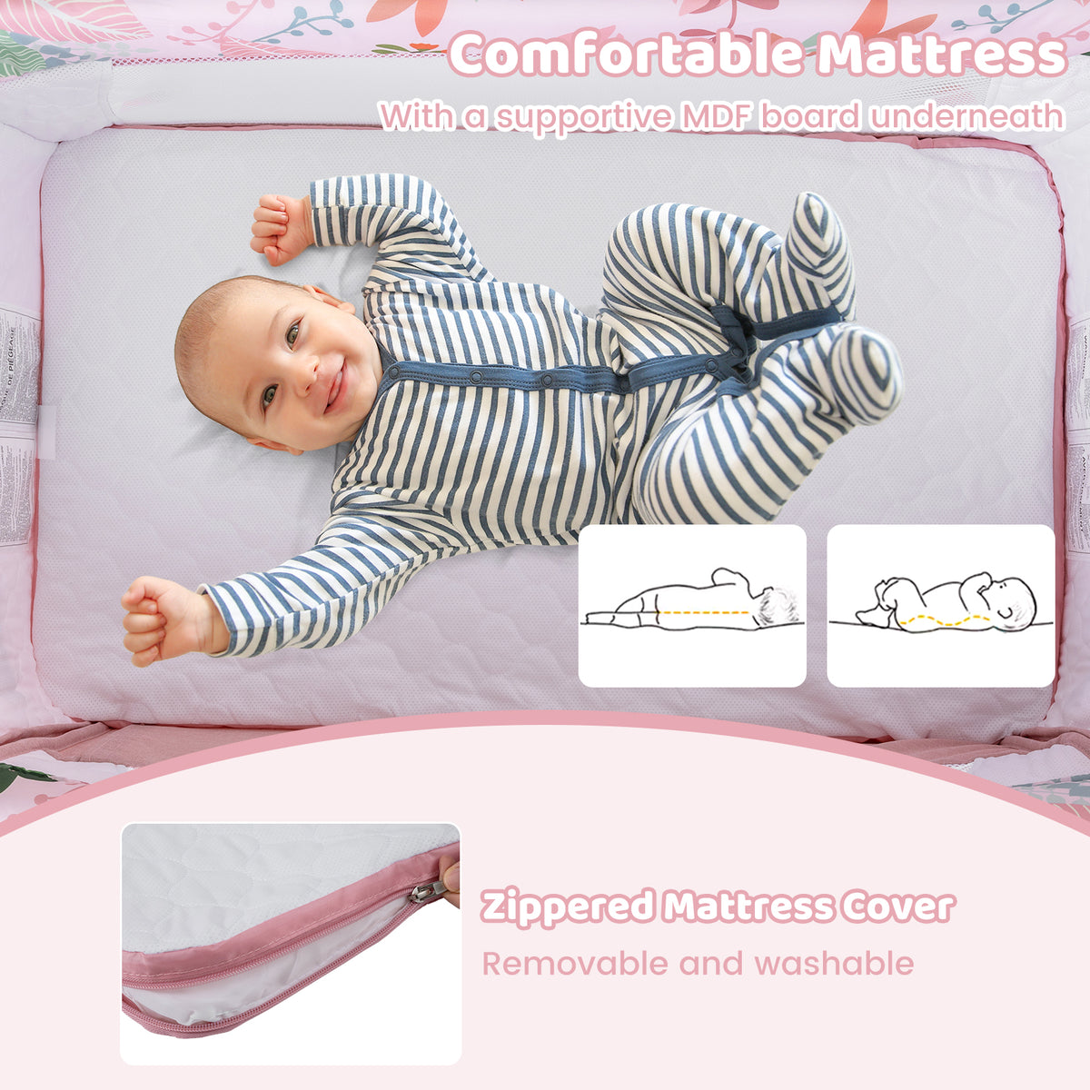 Pink Folding Baby Bassinet Bedside Sleeper with 4 Adjustable Heights - Style B