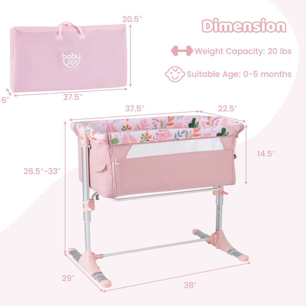 Pink Folding Baby Bassinet Bedside Sleeper with 4 Adjustable Heights - Style B