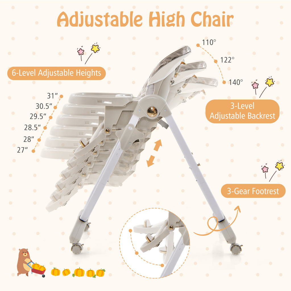Adjustable Gray Baby High Chair with Recline & Foldable Design