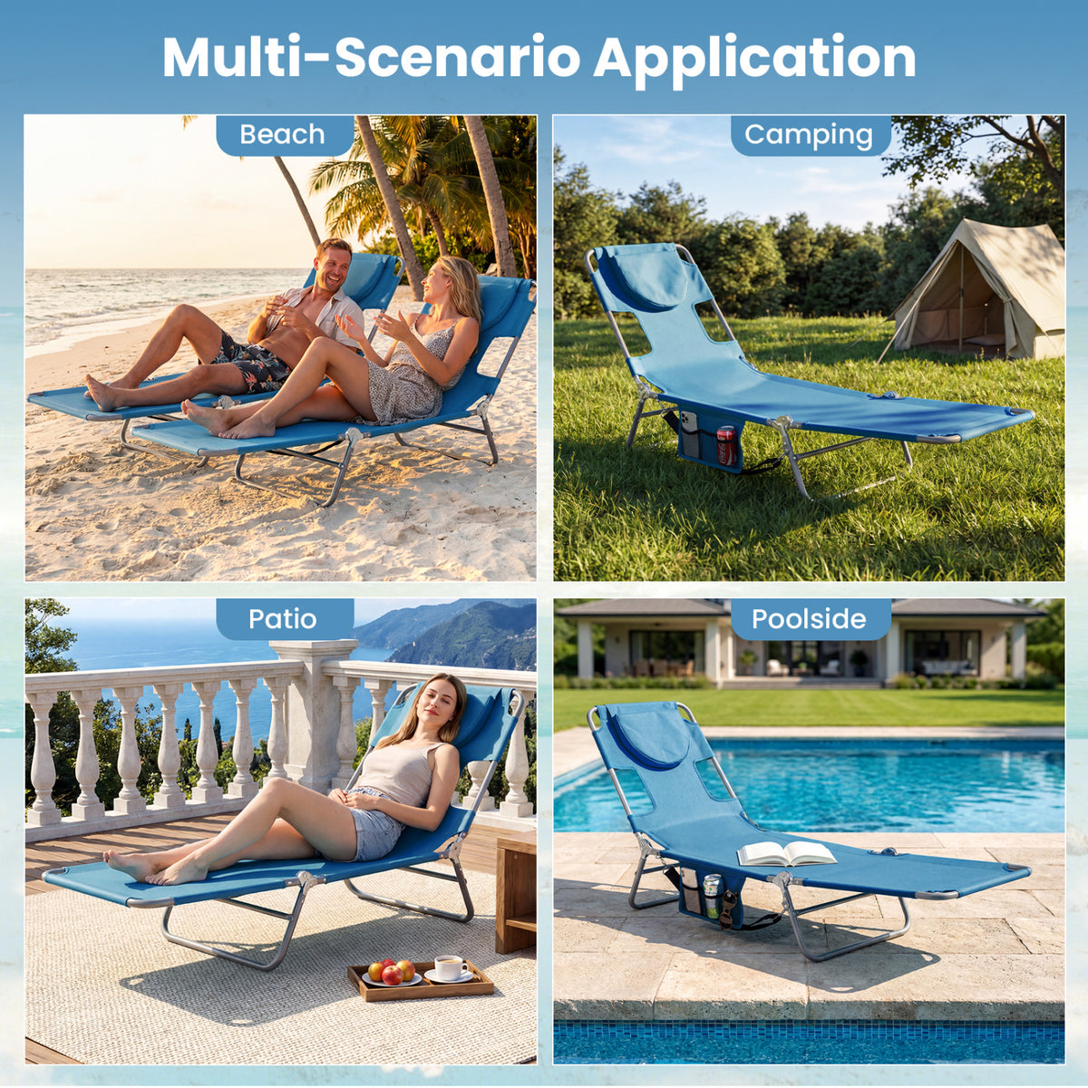 Folding Beach Lounge Chair with Adjustable Backrest for Lawn