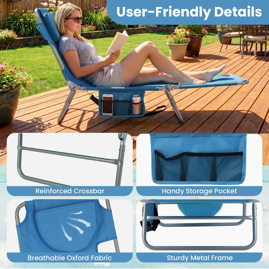 Folding Beach Lounge Chair with Adjustable Backrest for Lawn