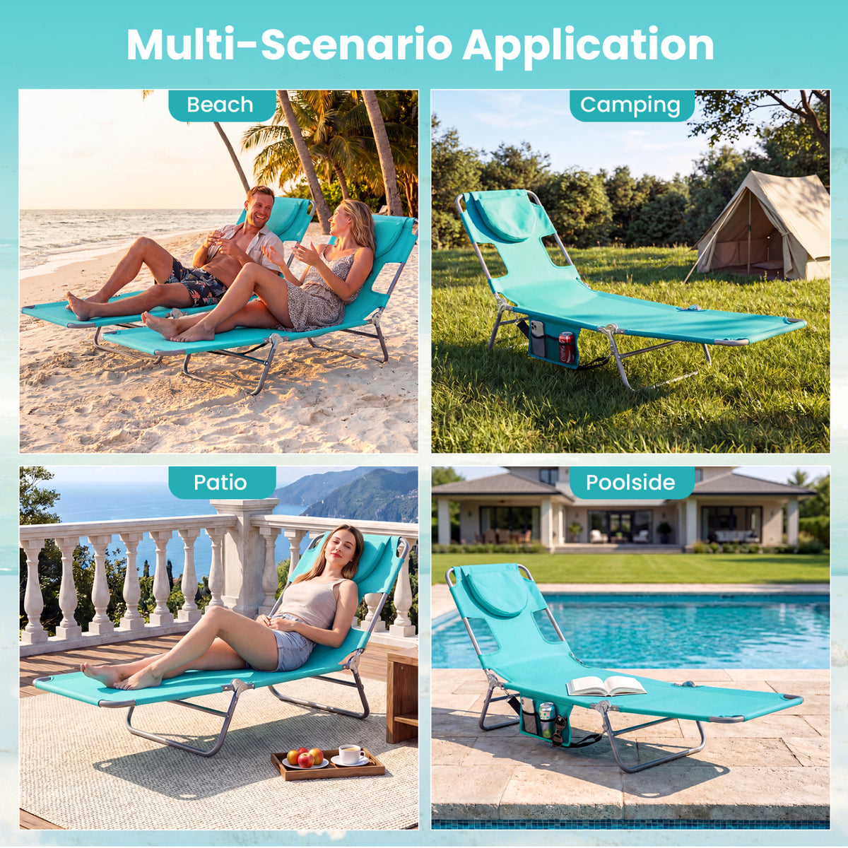 Folding Beach Lounge Chair with Adjustable Backrest for Lawn