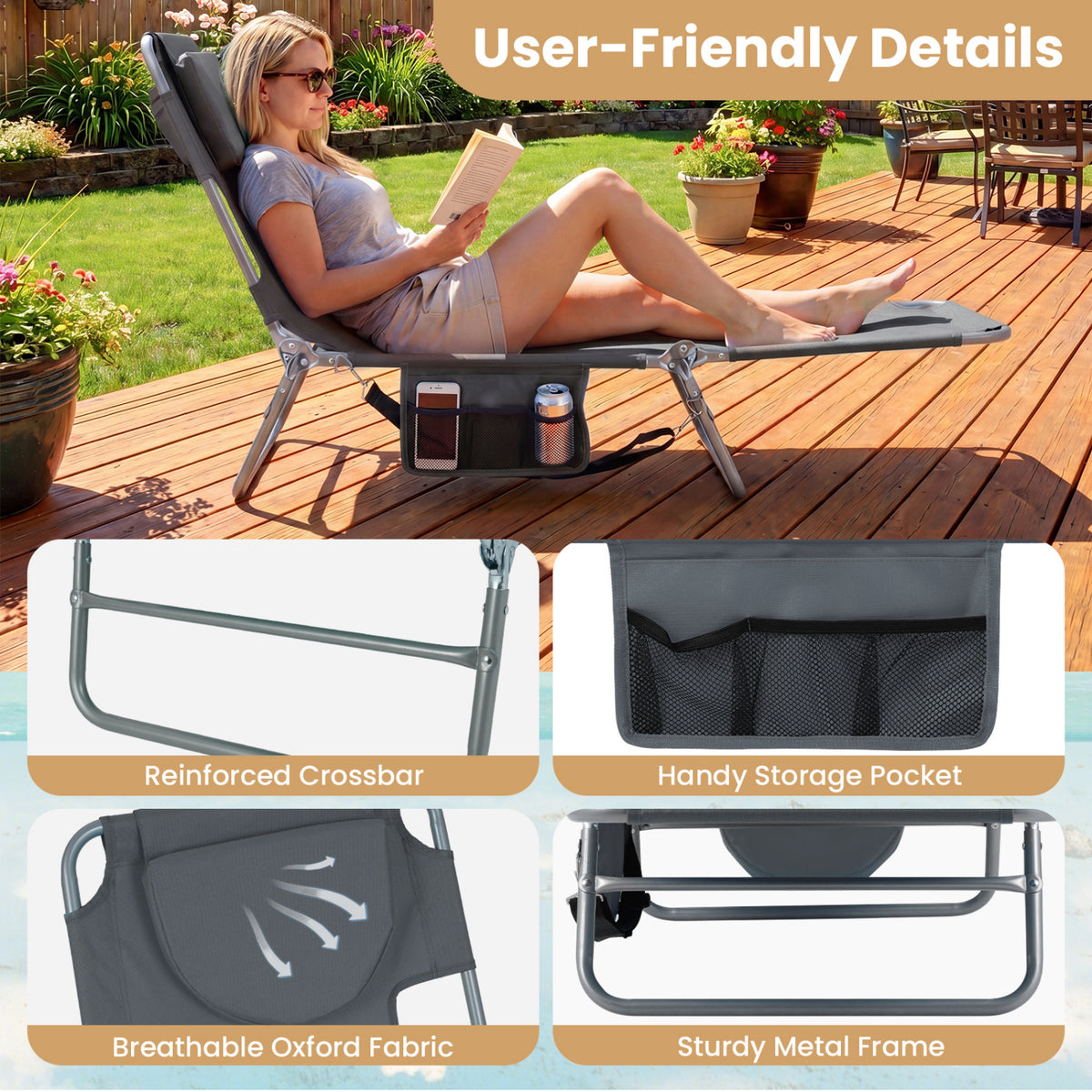 Folding Beach Lounge Chair with Adjustable Backrest for Lawn