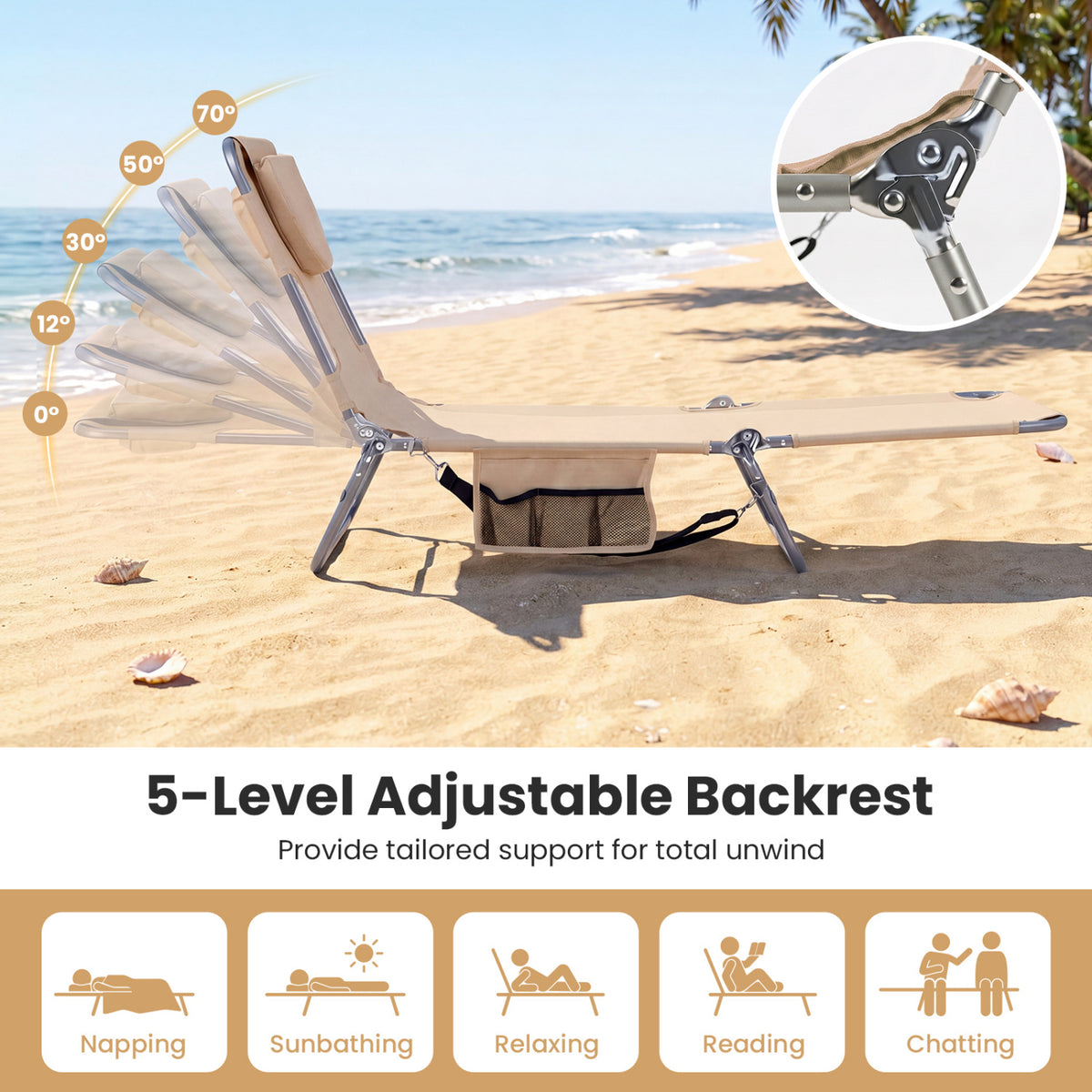 Folding Beach Lounge Chair with Adjustable Backrest for Lawn