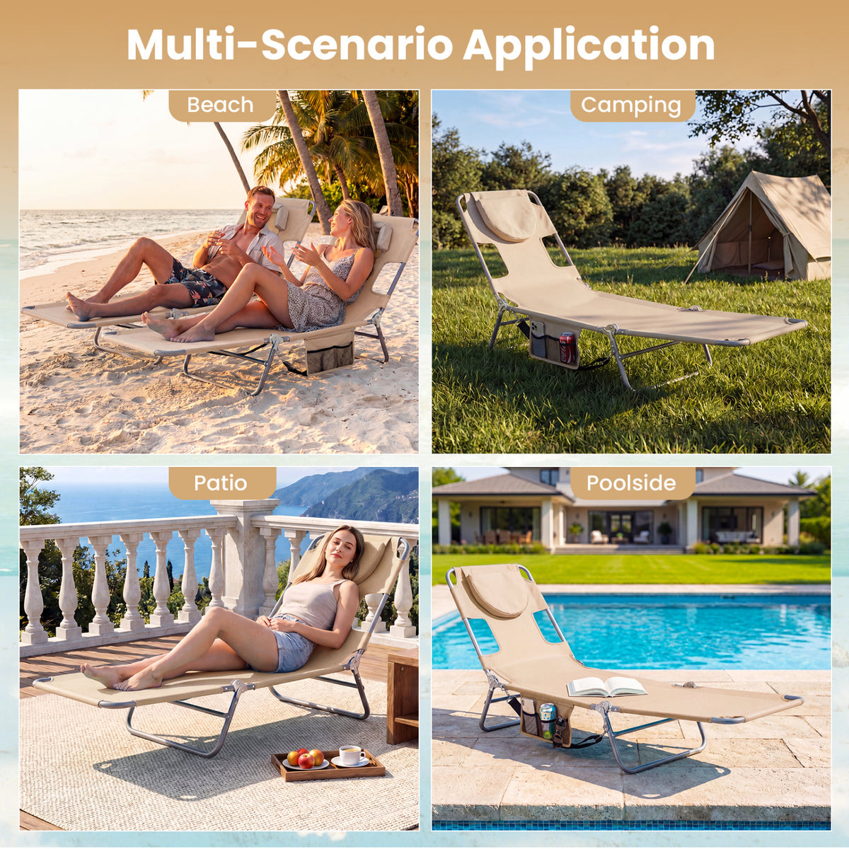 Folding Beach Lounge Chair with Adjustable Backrest for Lawn