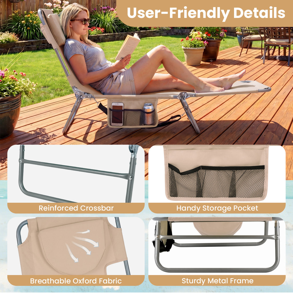 Folding Beach Lounge Chair with Adjustable Backrest for Lawn
