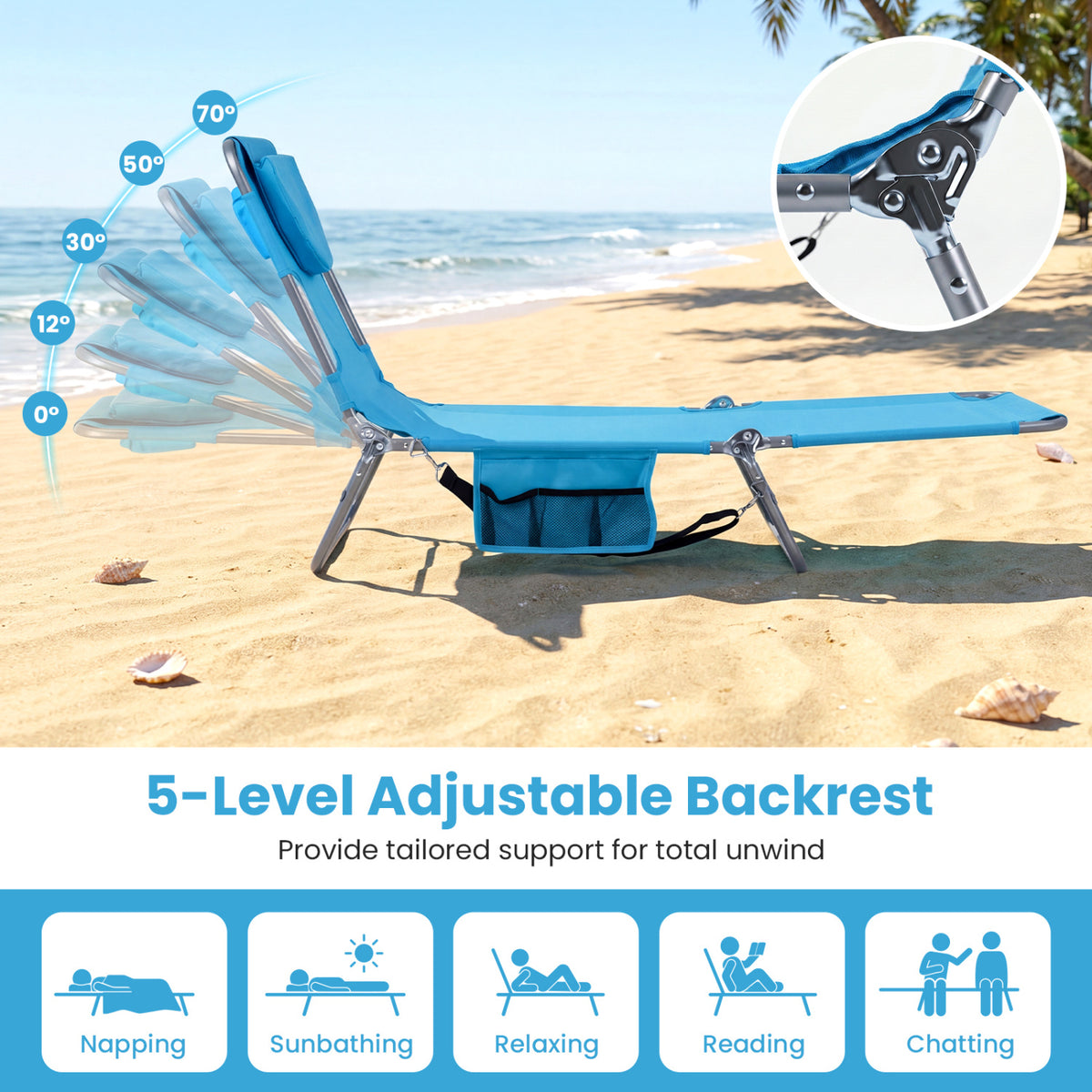 Folding Beach Lounge Chair with Adjustable Backrest for Lawn