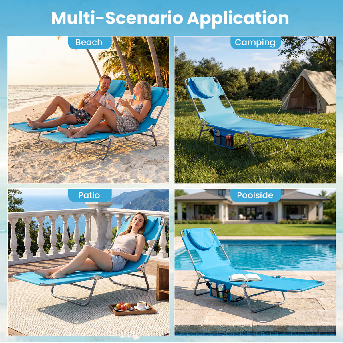 Folding Beach Lounge Chair with Adjustable Backrest for Lawn
