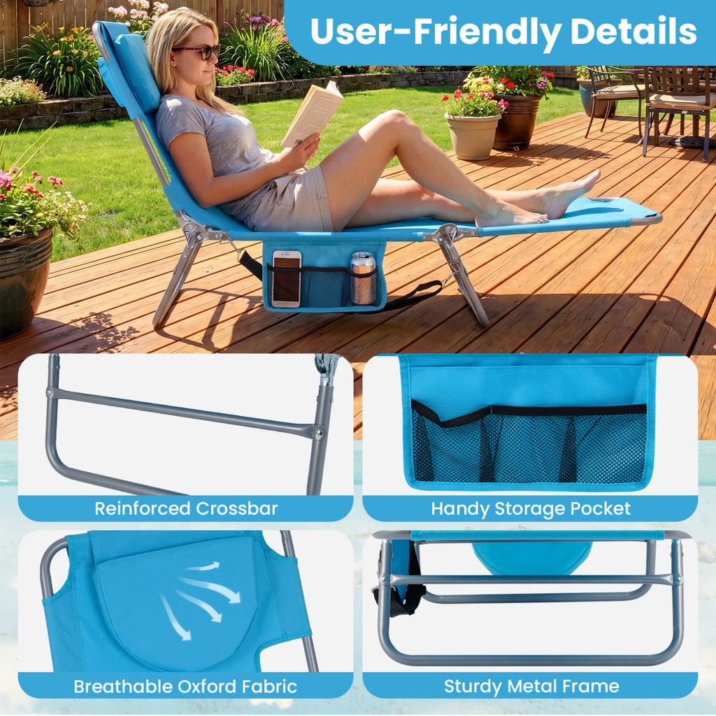 Folding Beach Lounge Chair with Adjustable Backrest for Lawn
