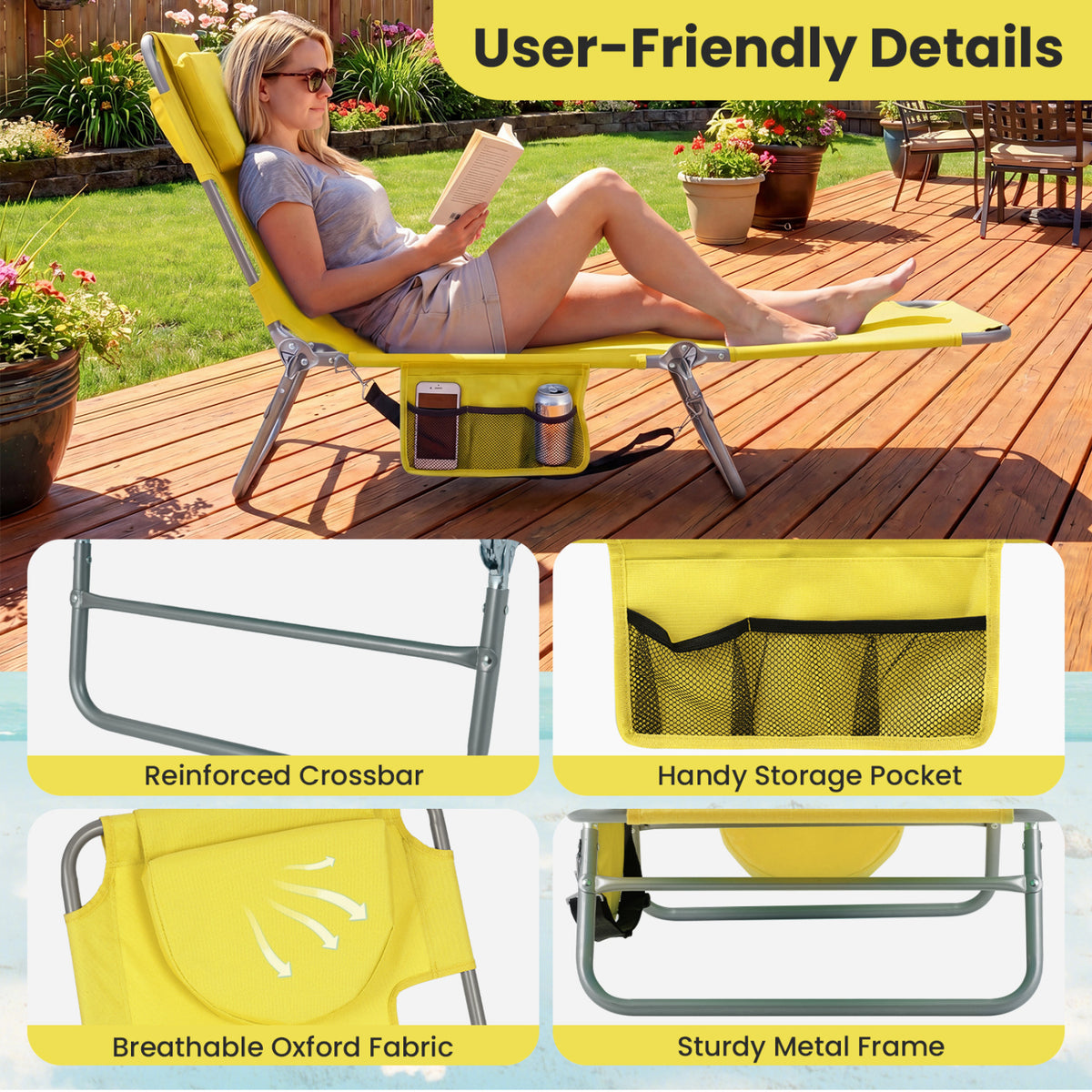 Folding Beach Lounge Chair with Adjustable Backrest for Lawn