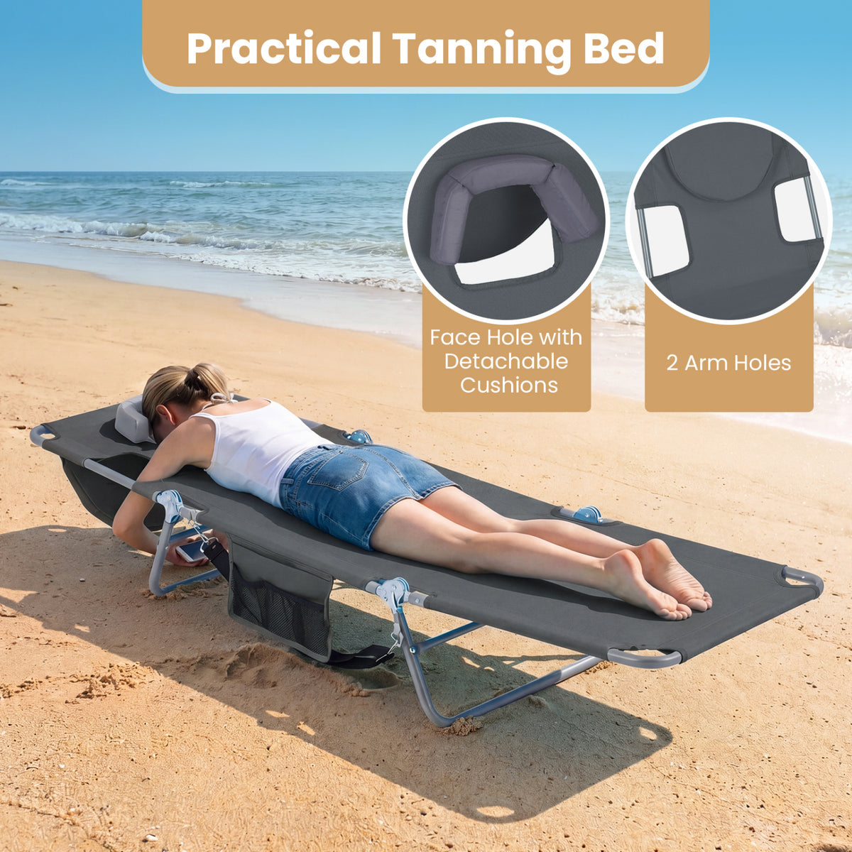 Folding Beach Lounge Chair with Adjustable Backrest for Lawn