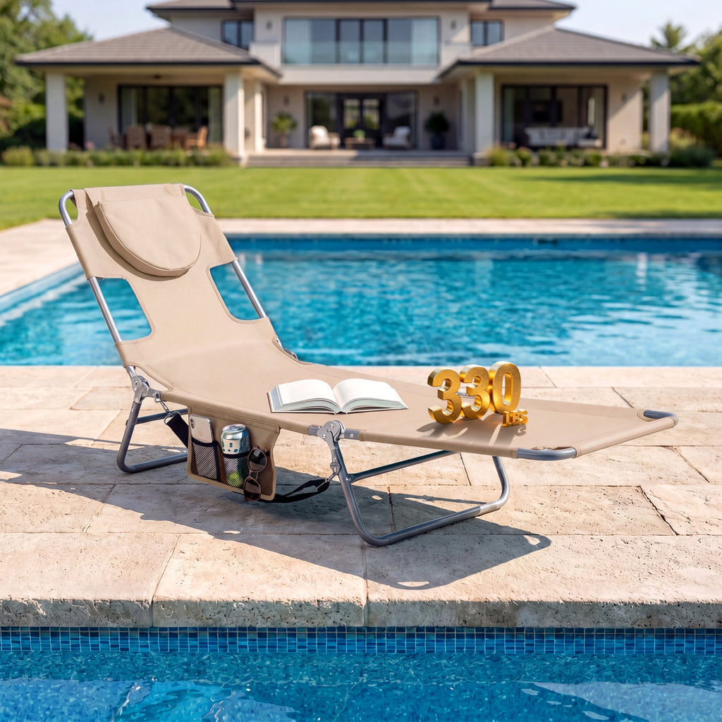 Folding Beach Lounge Chair with Adjustable Backrest for Lawn
