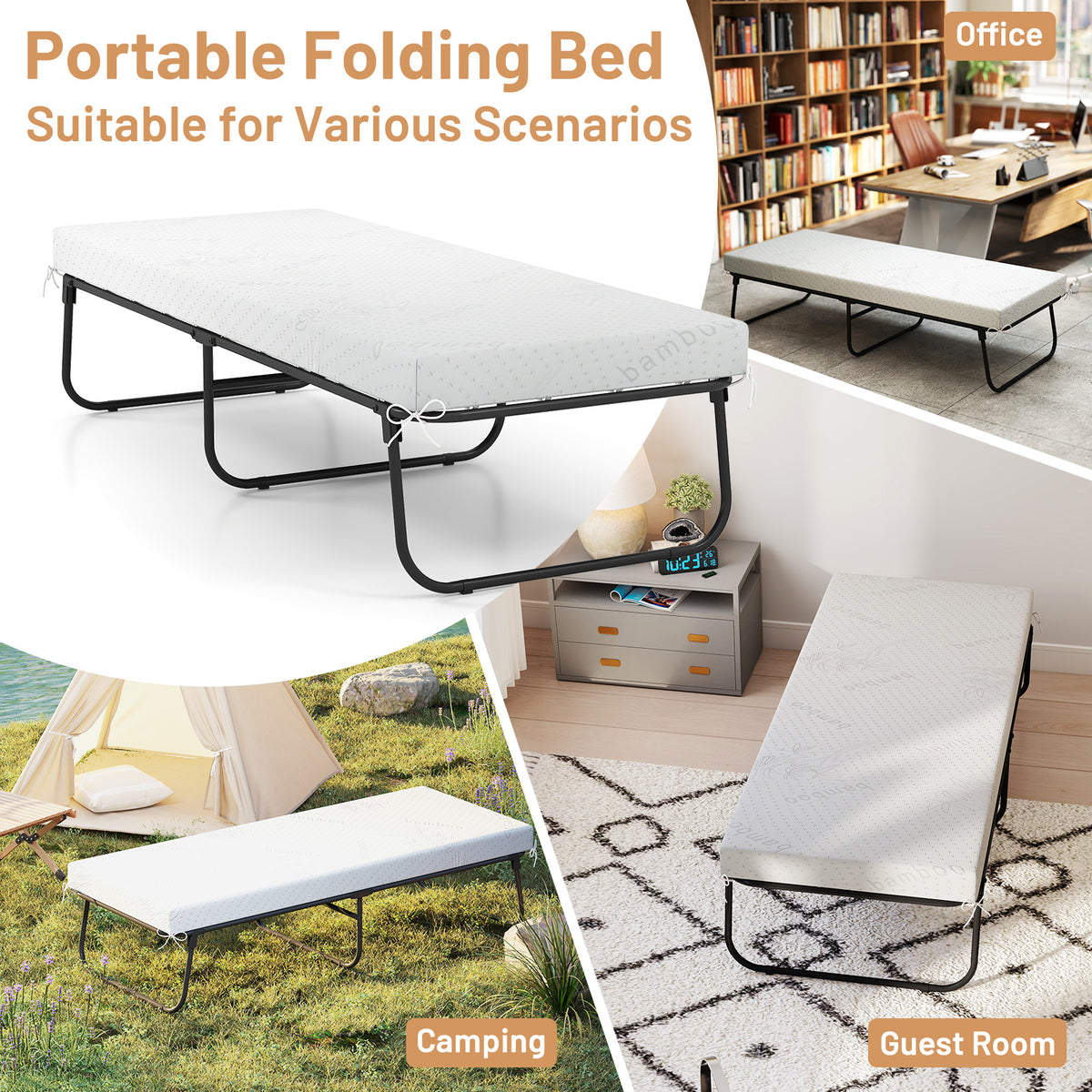 75 x 31 Inch Folding Cot Bed with Memory Foam Mattress
