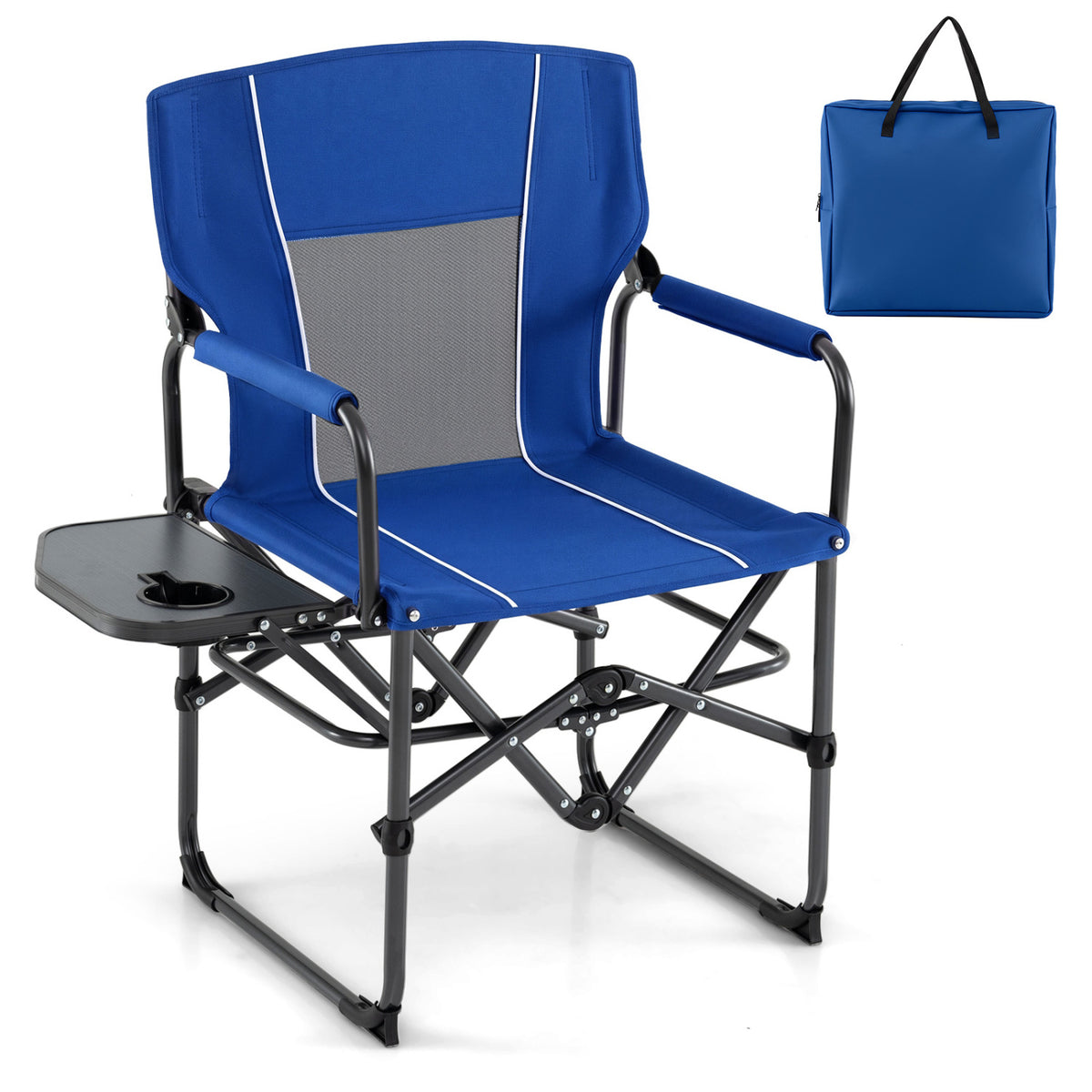 Folding Camping Chair with Side Table & Cup Holder - Navy
