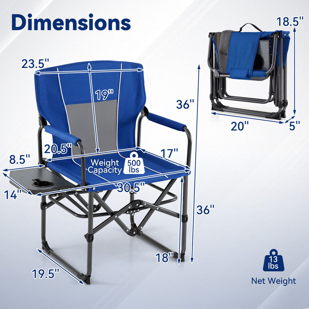 Folding Camping Chair with Side Table & Cup Holder - Navy